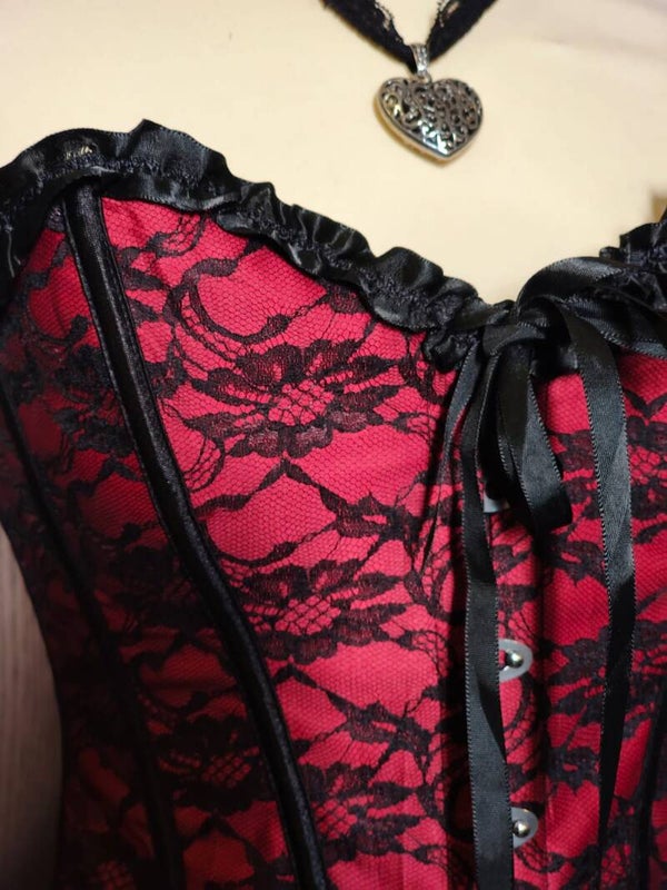 Red Corset With Black Lace & Ruffles