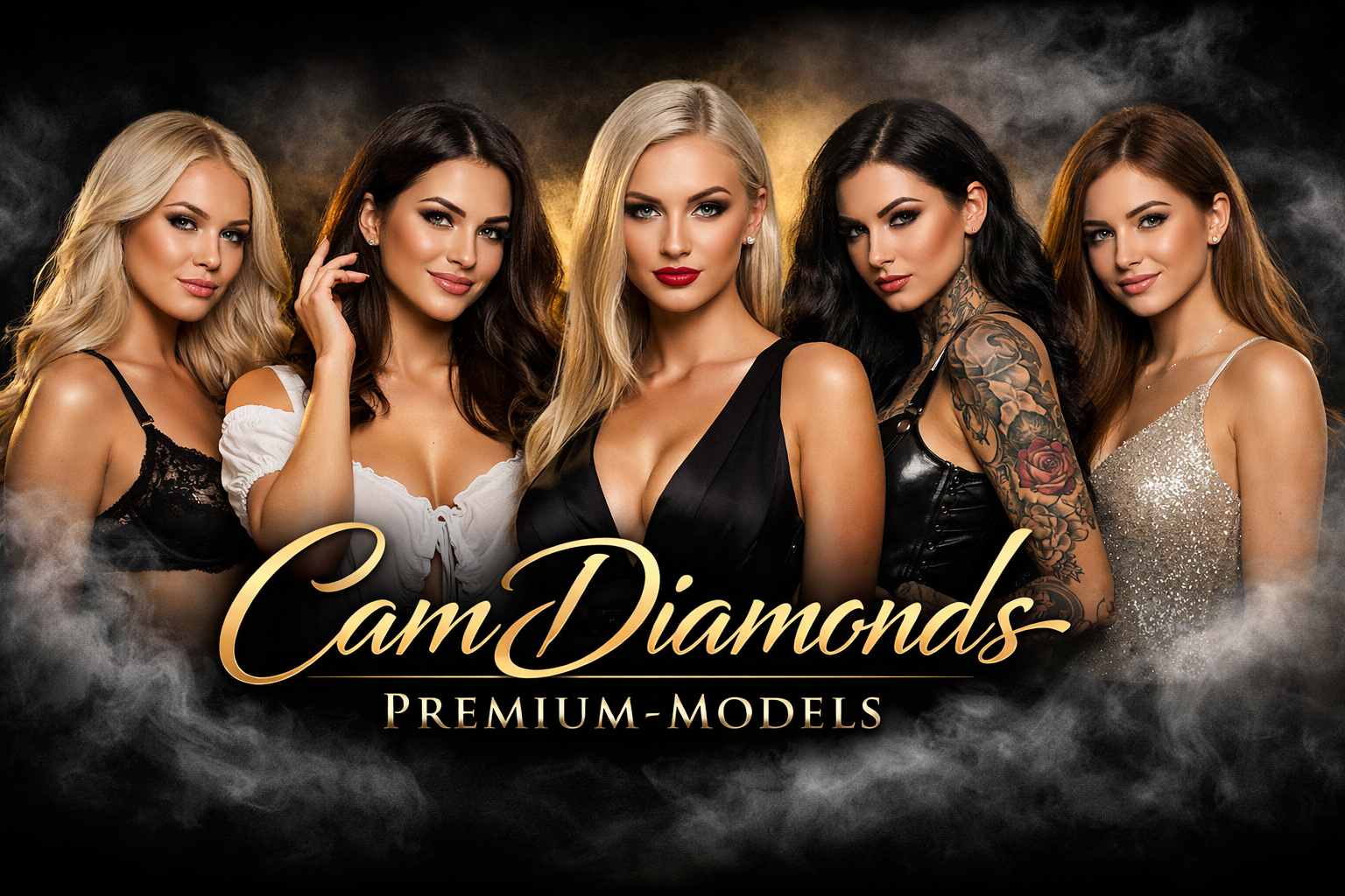 Exklusive Premium Models von CamDiamonds im luxuriösen Gold-Design mit eleganten Frauen und dunklem Hintergrund