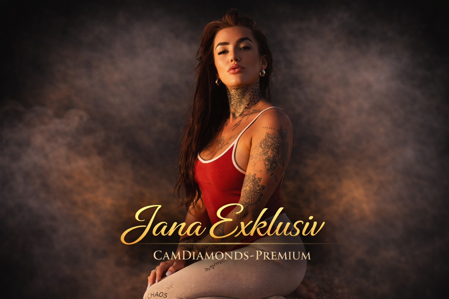Jana Exklusiv CamDiamonds Premium Model mit Tattoos vor schwarzem Hintergrund und leicht goldenem Rauch – luxuriöses und stilvolles Model Banner