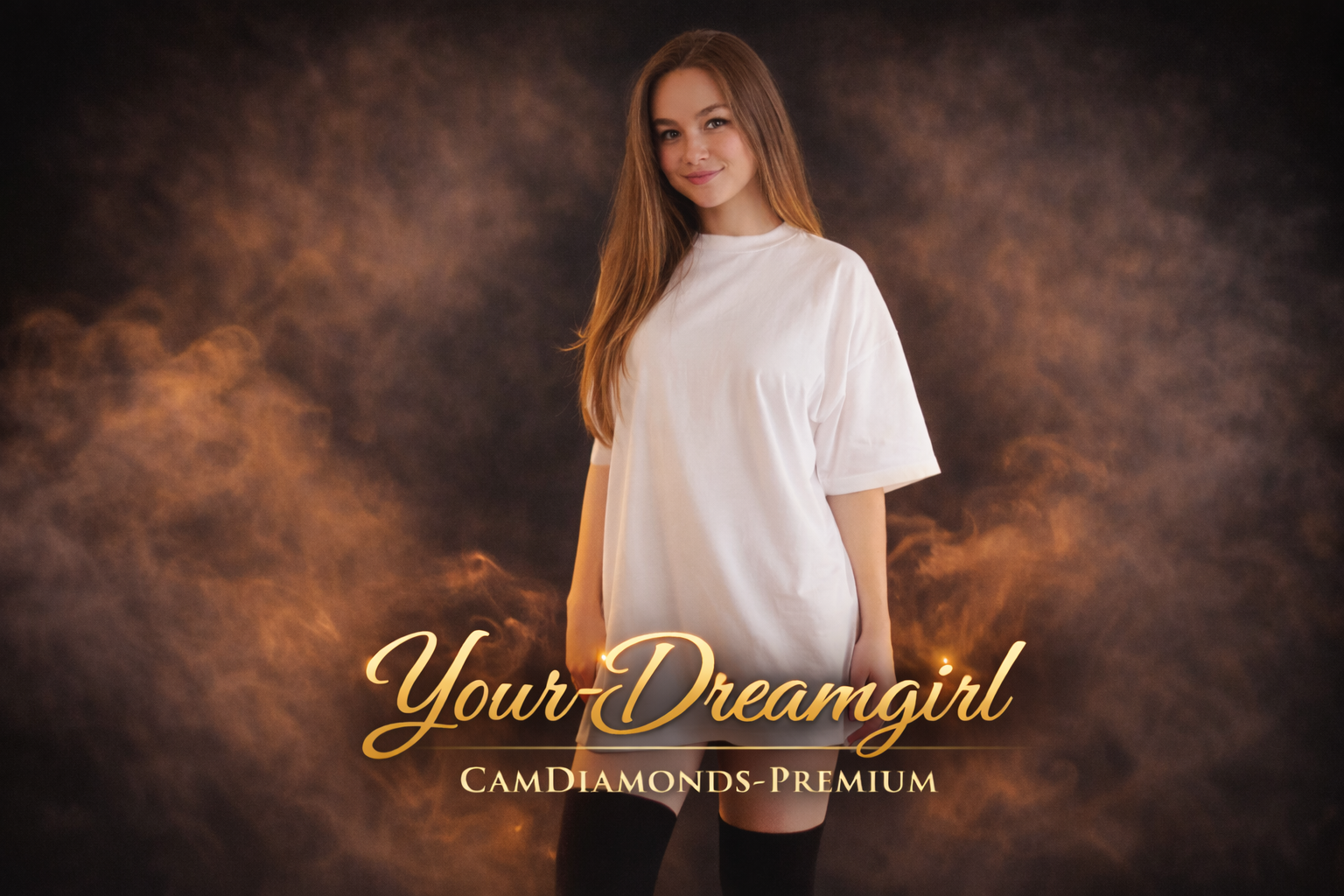 Your-Dreamgirl CamDiamonds Premium Model im weißen Oversize T-Shirt und Overknee-Strümpfen vor schwarzem Hintergrund mit leicht goldenem Rauch – elegant, luxuriös und stilvoll inszeniert