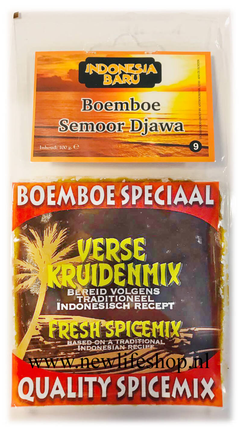 Indonesia Baru boemboe speciaal verse kruidenmix/kruidenpasta Semoor Djawa 100 gram. Kant en klare kruidenpasta met recept. De echte smaak uit de gordel van smaragd. Bereid volgens traditioneel Indonesisch recept. Fresh Quality spicemix. Based on a t