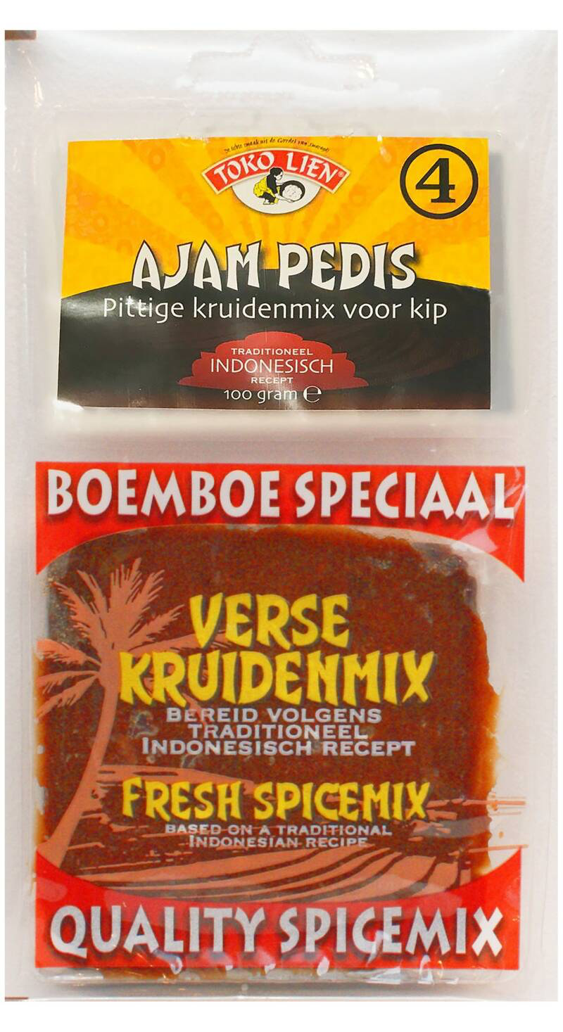 Toko Lien boemboe speciaal verse kruidenmix/kruidenpasta ajam (ayam) pedis 100 gram. Kant en klare kruidenpasta met recept. De echte smaak uit de gordel van smaragd. Bereid volgens traditioneel Indonesisch recept. Fresh Quality spicemix. Based on a tradit