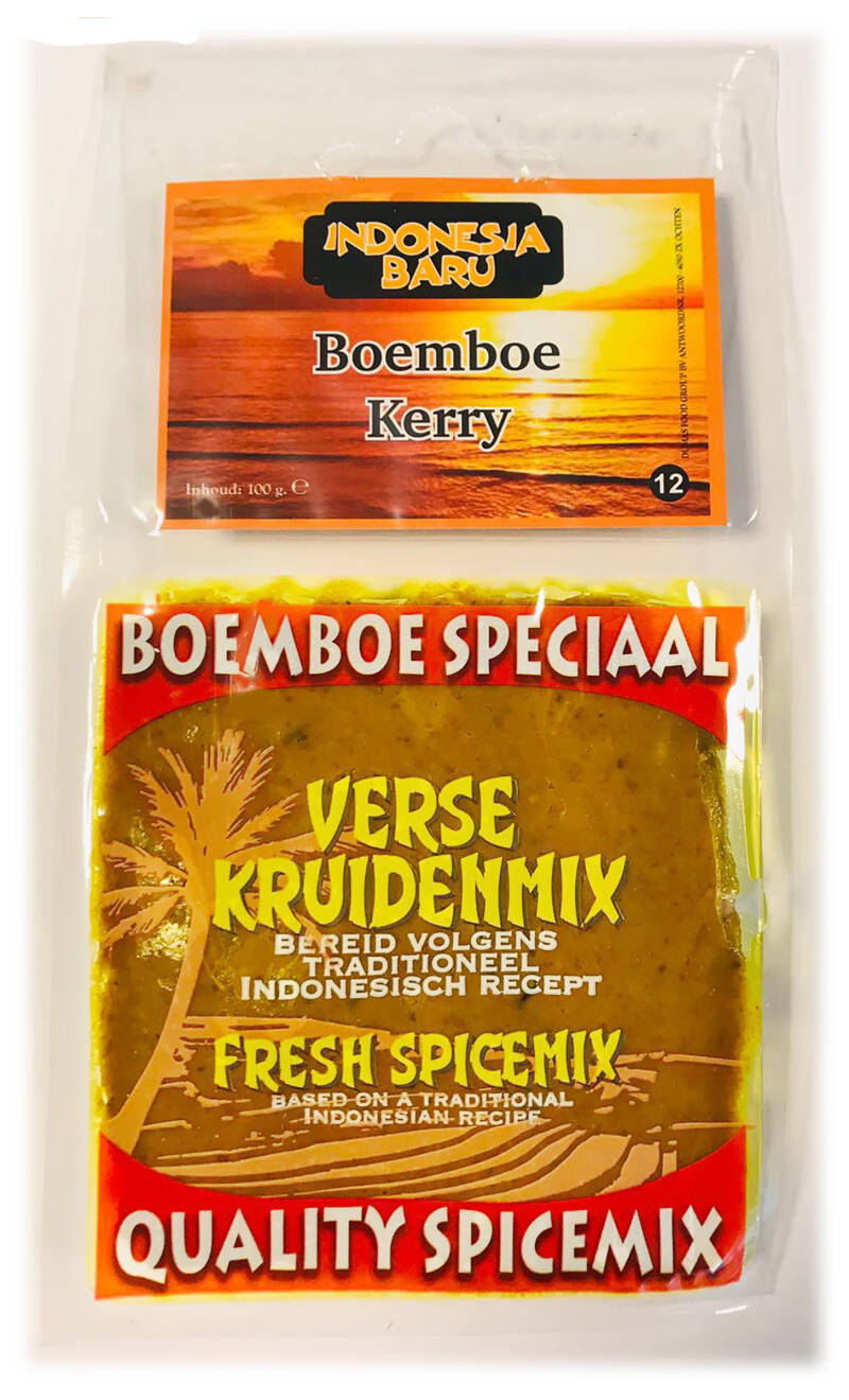 Indonesia Baru boemboe speciaal verse kruidenmix/kruidenpasta kerrie (kerry) 100 gram. Kant en klare kruidenpasta met recept. De echte smaak uit de gordel van smaragd. Bereid volgens traditioneel Indonesisch recept. Fresh Quality spicemix. Based on a t