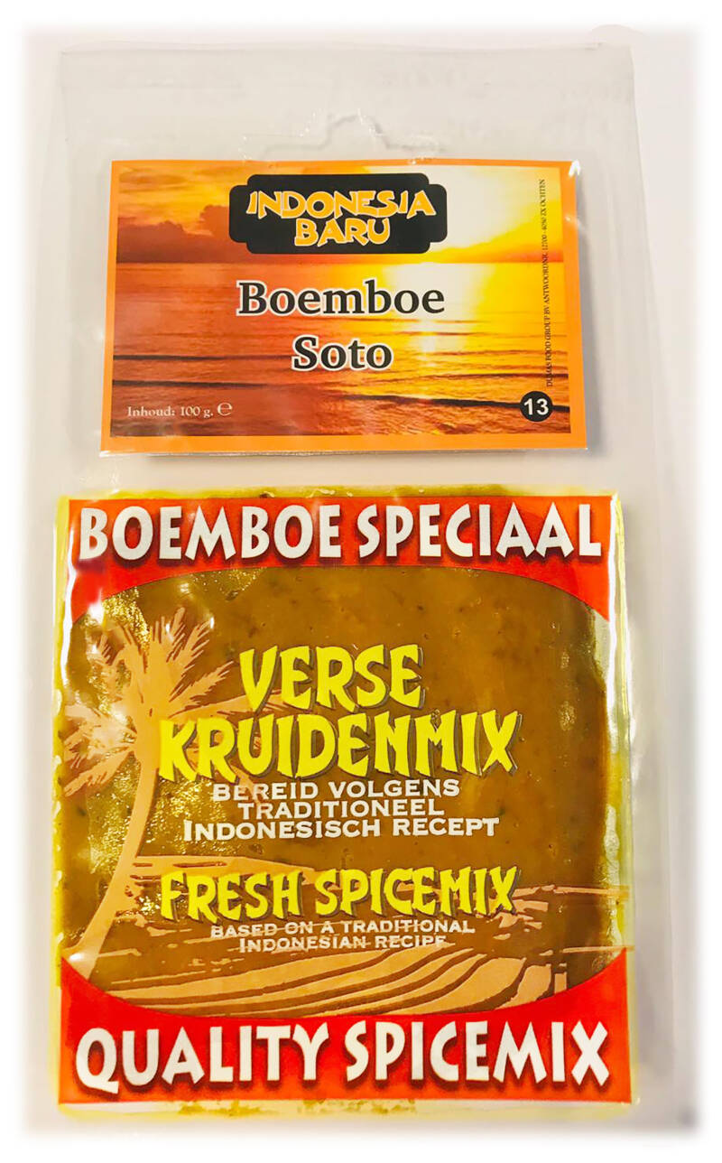 Indonesia Baru boemboe speciaal verse kruidenmix/kruidenpasta Soto Ajam (Ayam) 100 gram. Kant en klare kruidenpasta met recept. De echte smaak uit de gordel van smaragd. Bereid volgens traditioneel Indonesisch recept. Fresh Quality spicemix. Based on a t