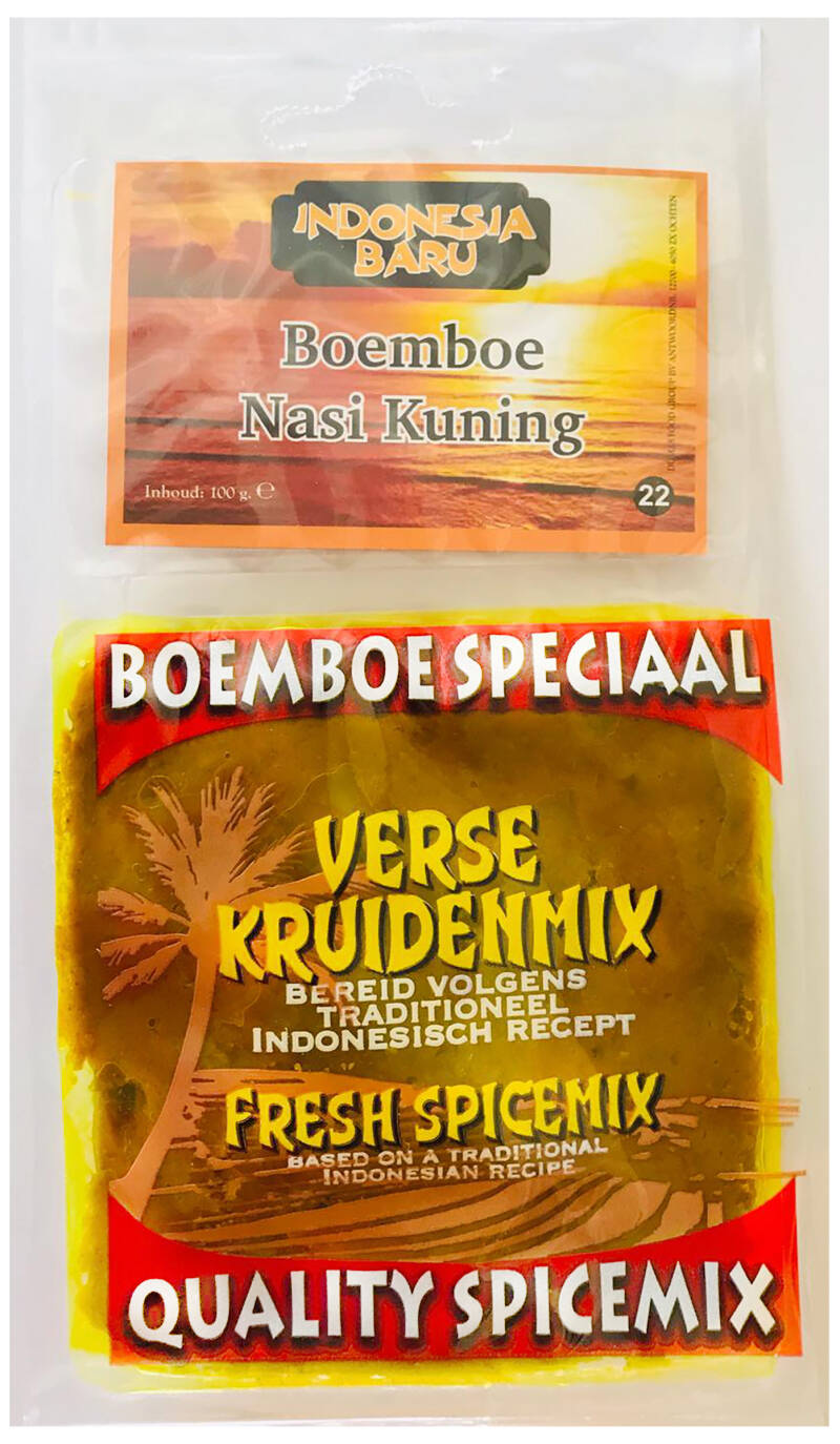 Indonesia Baru boemboe speciaal verse kruidenmix/kruidenpasta Nasi Kuning 100 gram. Kant en klare kruidenpasta met recept. De echte smaak uit de gordel van smaragd. Bereid volgens traditioneel Indonesisch recept. Fresh Quality spicemix. Based on a t