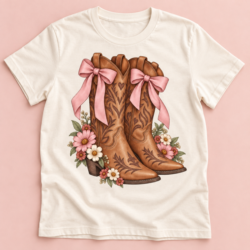 Western boots and pink bows transfer shown on an ivory T-shirt. Shirt not included.
