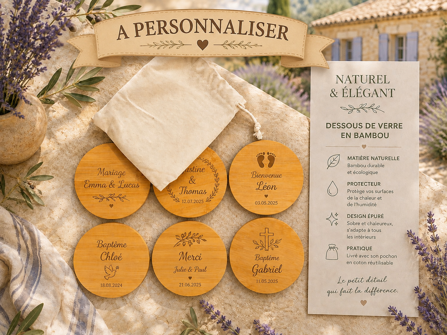 6 sous-verre en bambou avec pochette à personnaliser