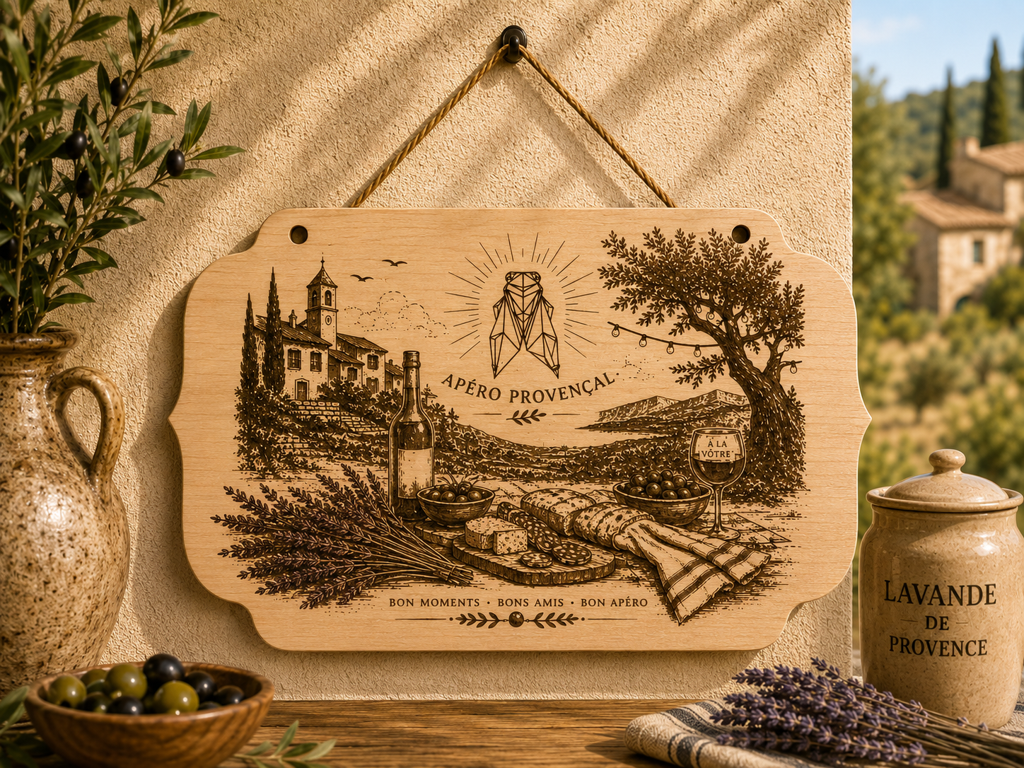 Apéro Provençal – Suspension décorative en bois gravée