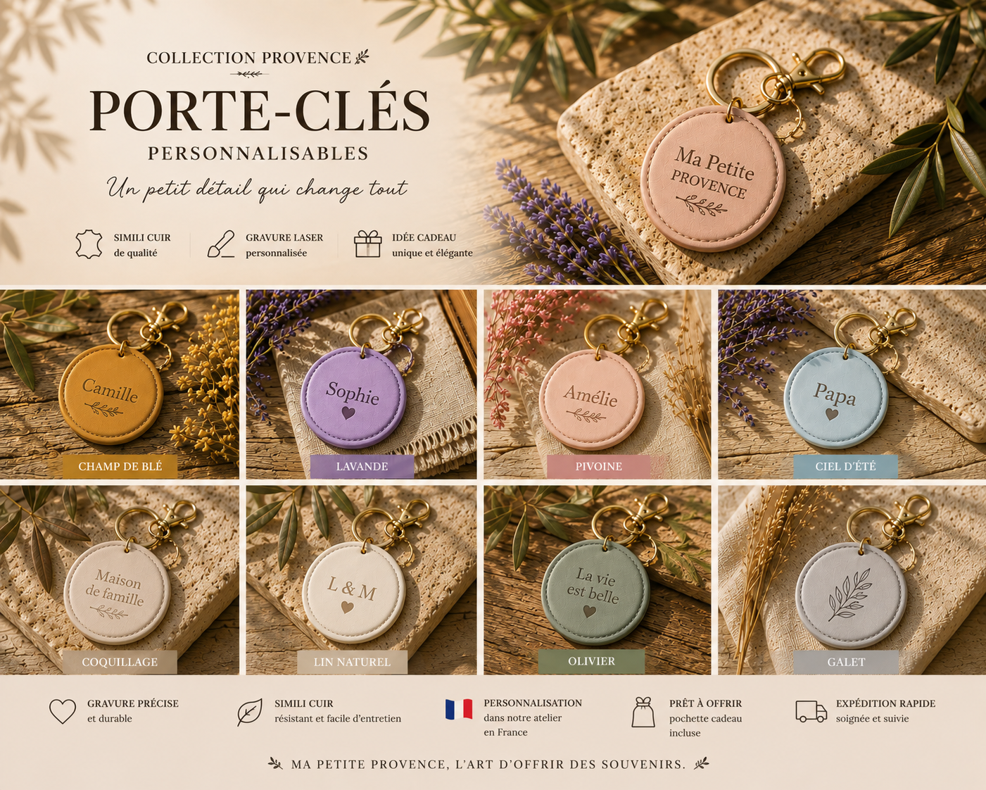 Porte-clés rond personnalisé en PU aspect cuir avec boucle