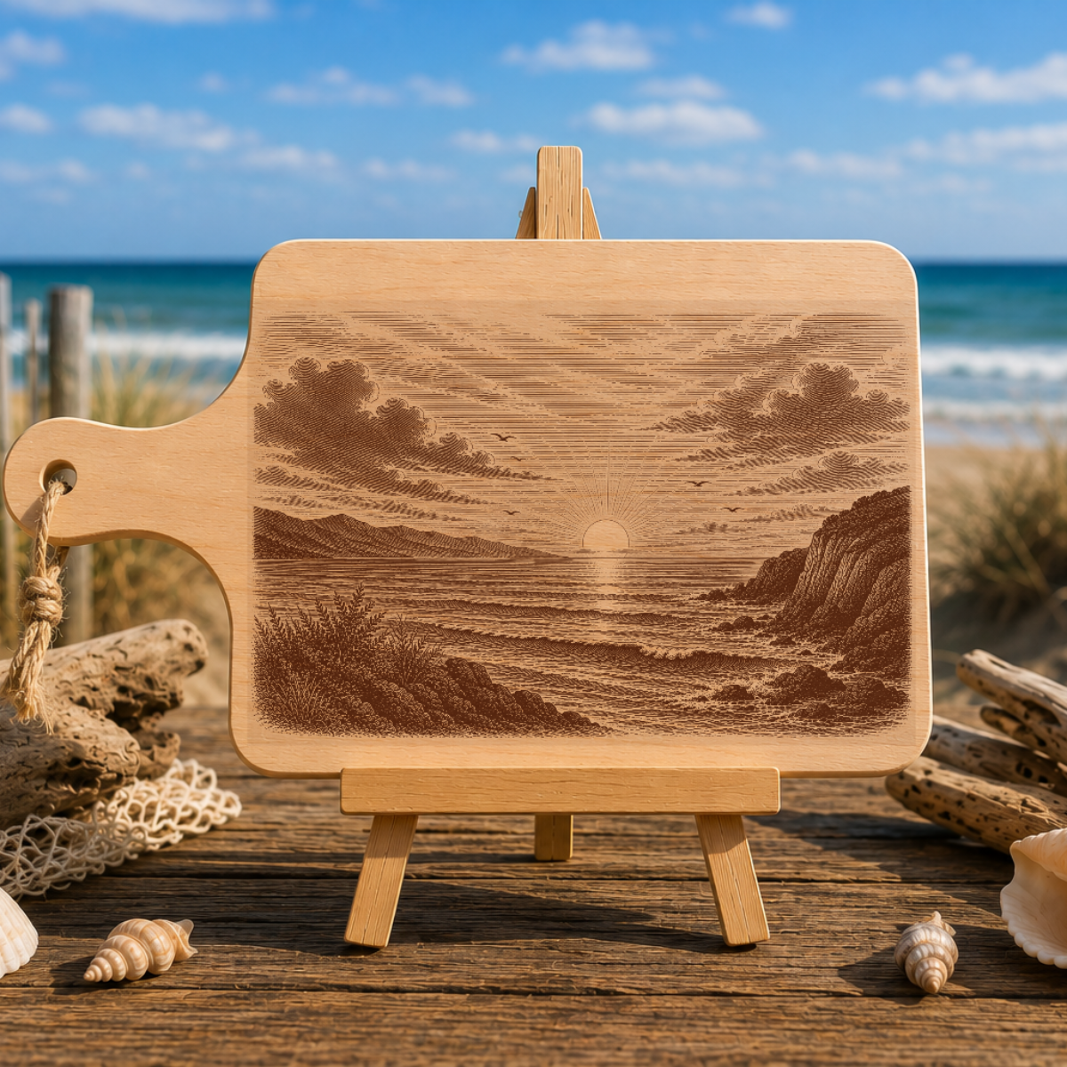Planche à découper en bois d'aulne - Coucher de soleil face à l'océan