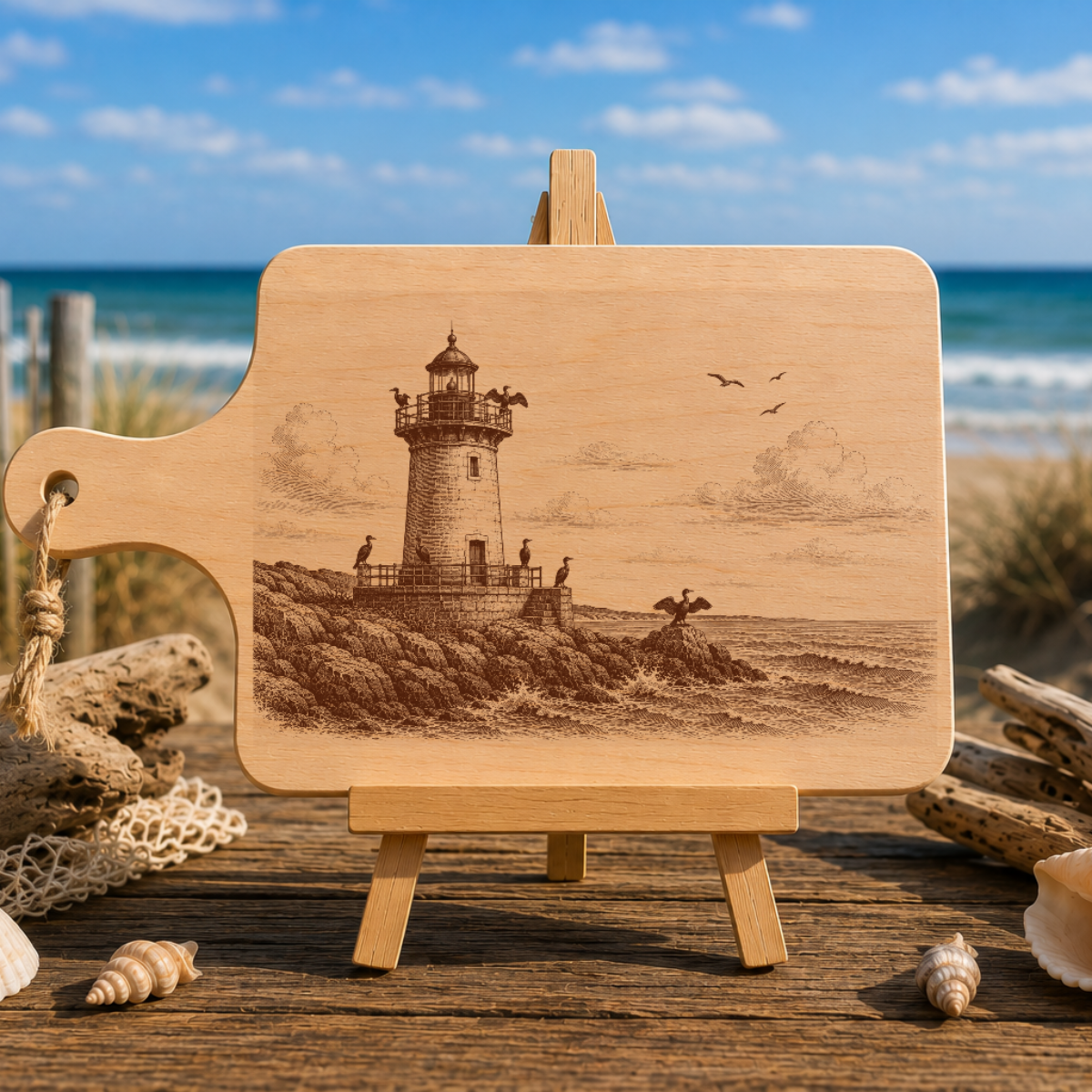 Planche à découper en bois d'aulne - Phare et cormorans