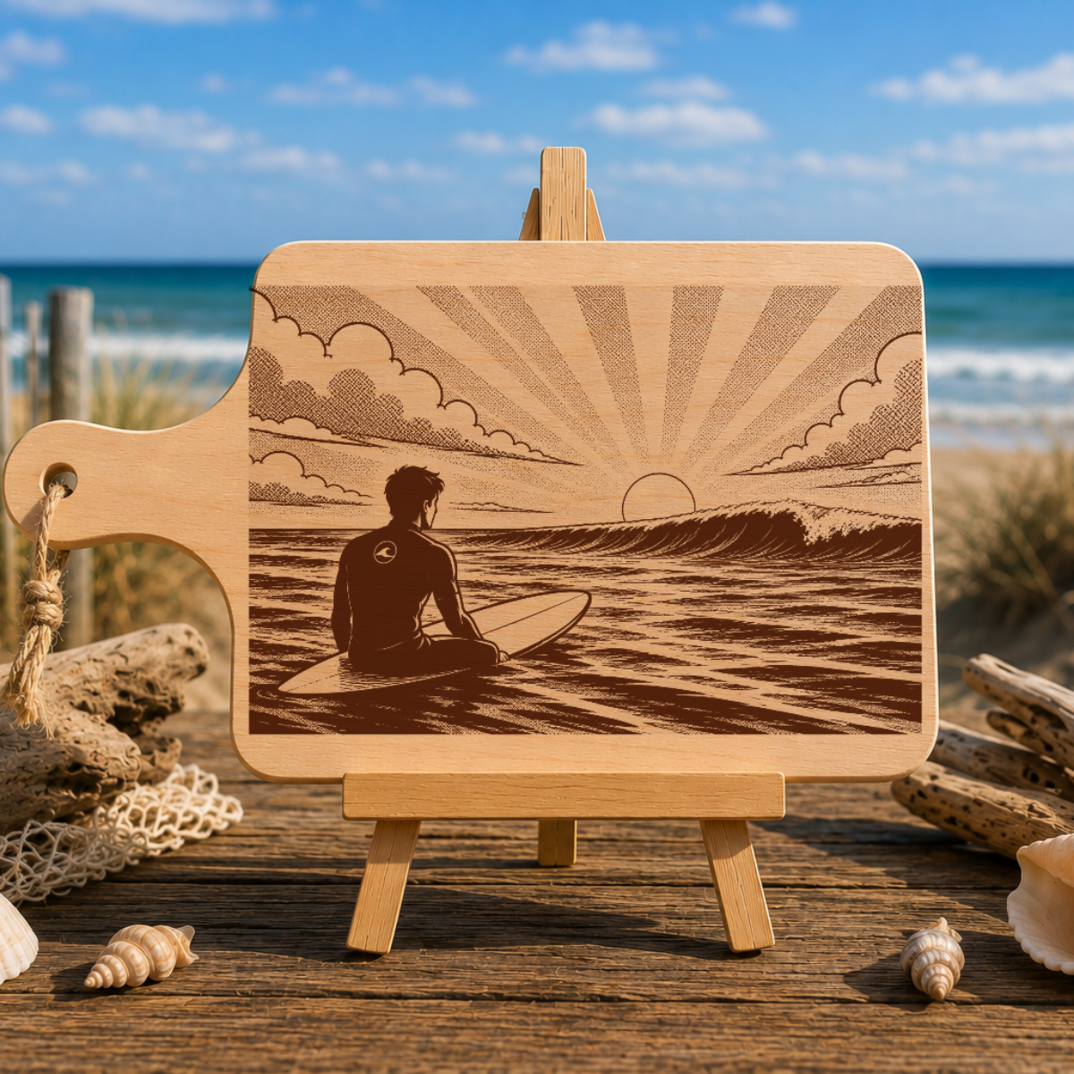 Planche à découper en bois d'aulne - Surfeur attendant la vague