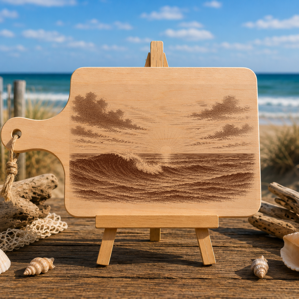 Planche à découper en bois d'aulne - Vagues au lever du soleil