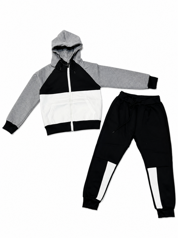 Hoodie met rits + Joggingbroek Set kids, Zwart-Wit-Grijs
