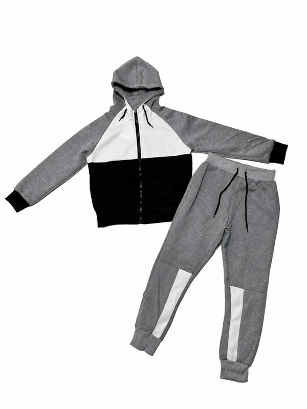 Hoodie met rits + Joggingbroek Set kids, Grijs-Zwart-Wit