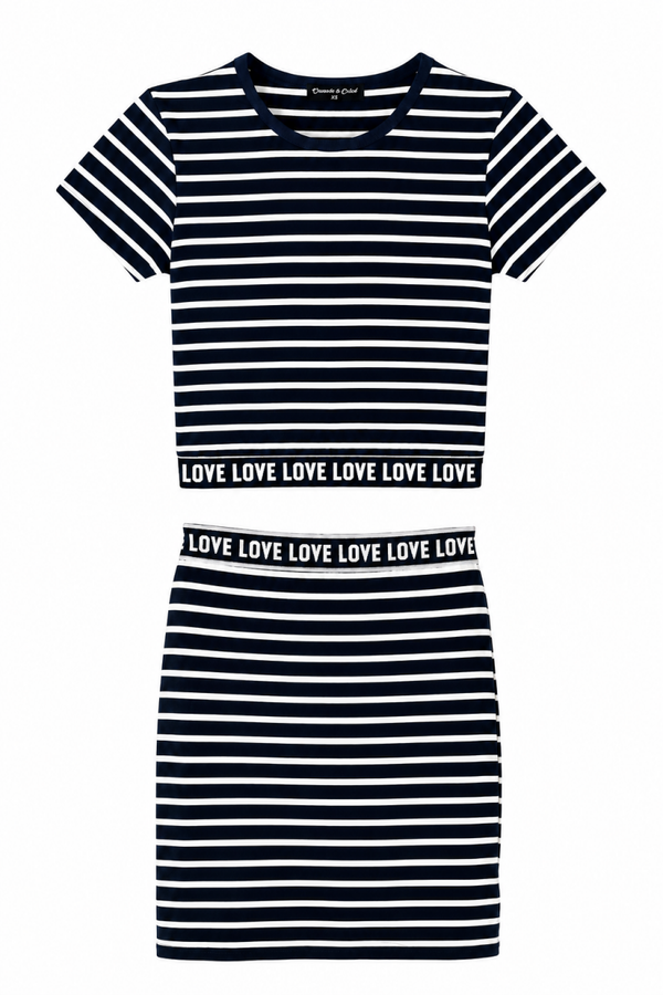 Meisjes T-Shirt & Rok Set Donkerblauw/Wit Gestreept