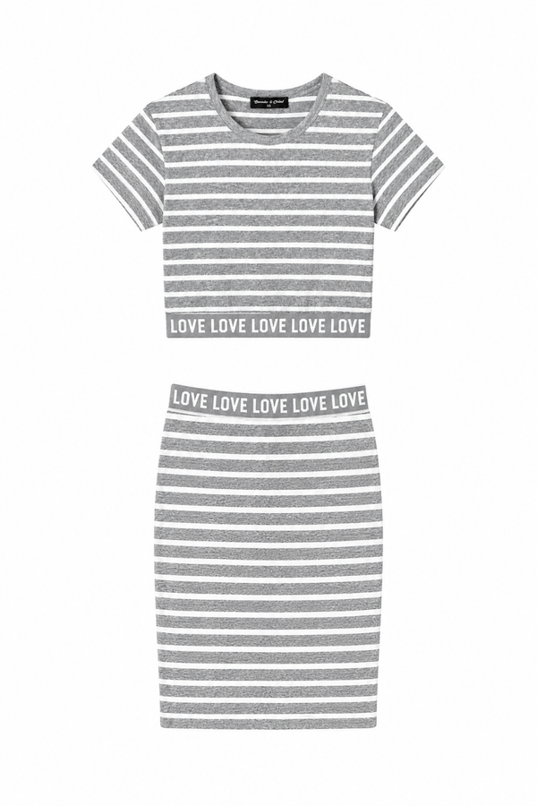 Meisjes T-Shirt & Rok Set Grijs/Wit Gestreept