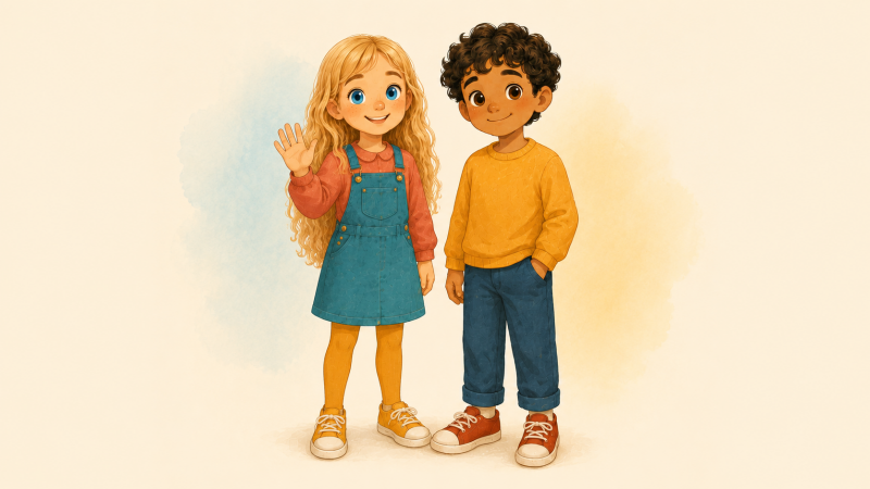 Figurenbild: „Leni und Amir stehen freundlich nebeneinander.