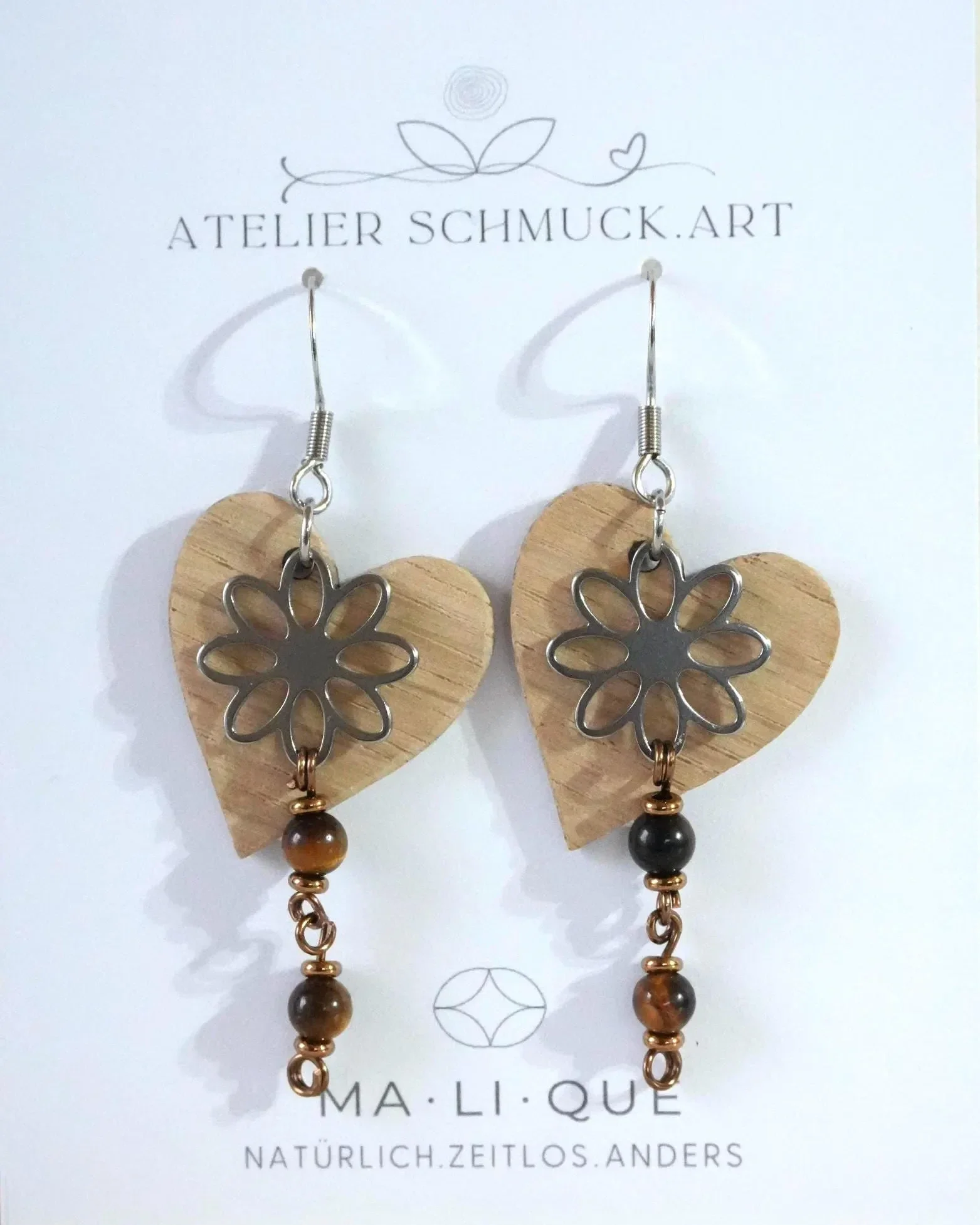 Eichenherz Ohrring Edelstahlblume & Tigerauge