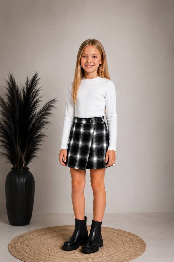Zwart-Wit Geruite Meisjes Set – Witte Longsleeve & Rokje met Ceintuur
