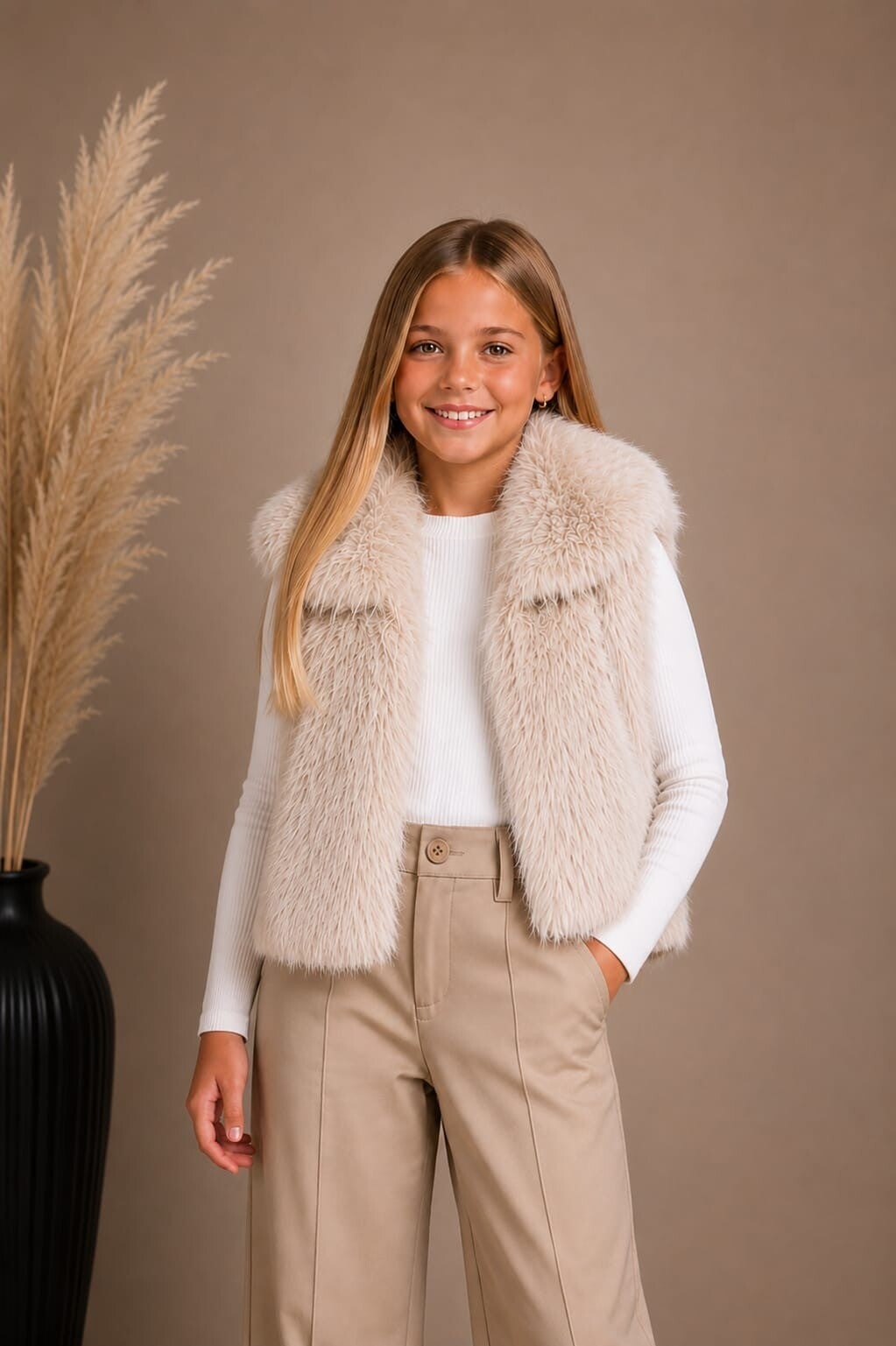 Crème Meisjes Faux Fur Bodywarmer – Luxe Teddy Gilet met Kraag