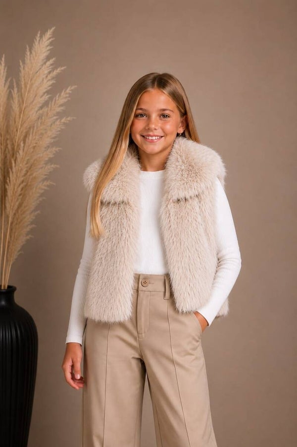 Crème Meisjes Faux Fur Bodywarmer – Luxe Teddy Gilet met Kraag