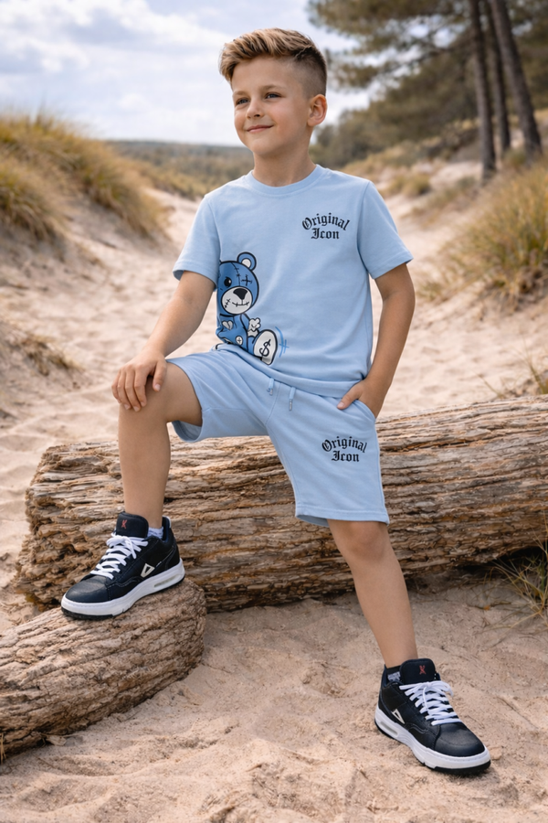 Jongens zomer set babyblauw ICON met teddybeer