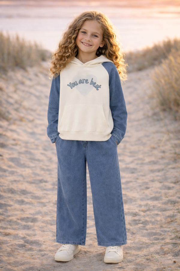 Meisjes set hoodie met tekst en denim broek