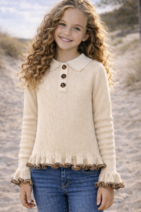 Beige Ruffle Knit Top met Bloemenknopen 🤎