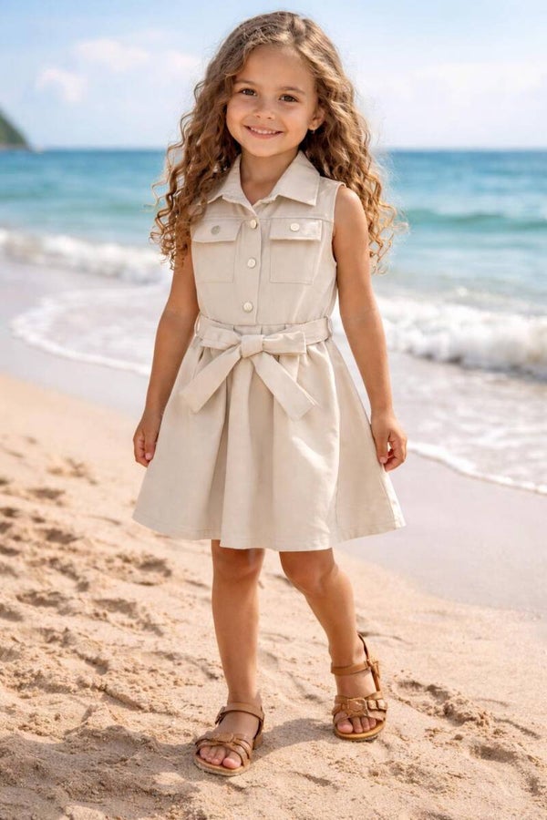 Meisjes jurk beige met knoopjes strikcentuur