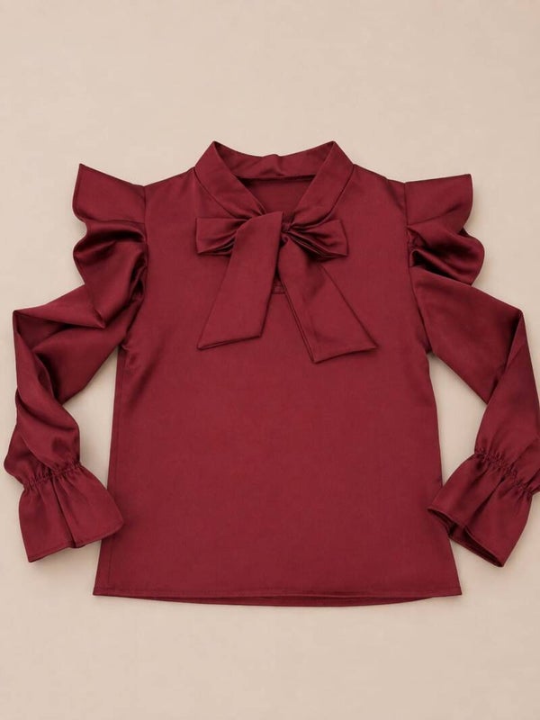 Meisjes Blouse Bordeaux met Strik & Ruches