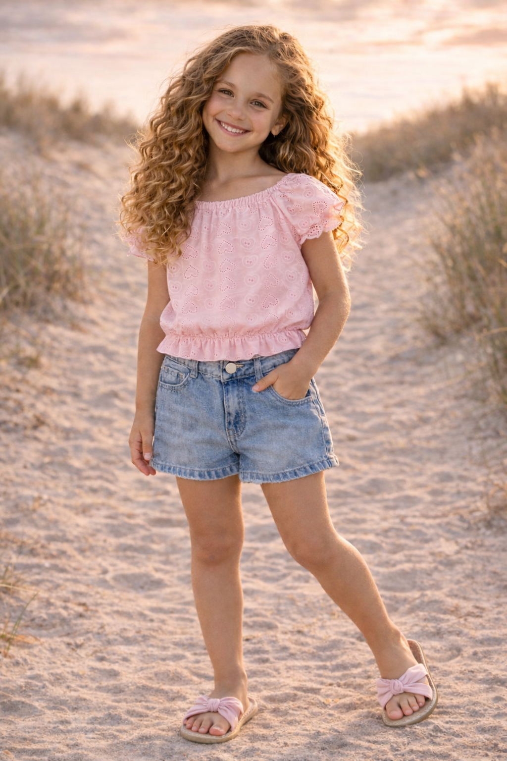 Sweet Heart Zomer Set – Roze Broderie Top & Denim Short