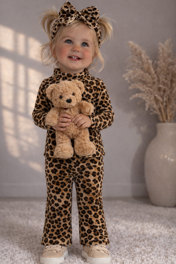 Baby meisjes set panterprint met flare broek en haarband