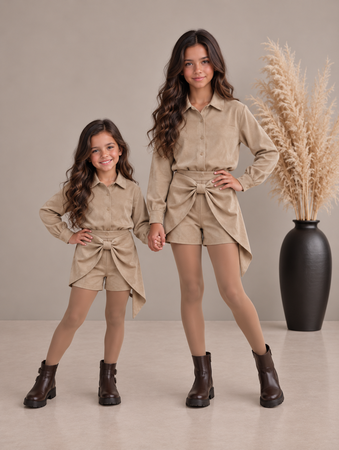 Tweedelig velvet set beige
