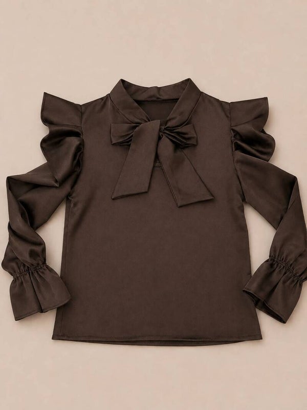 Bruine Satijnen Meisjes Blouse met Strik & Ruches