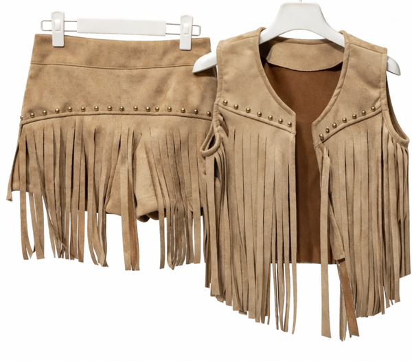 2delig meisjes set beige met franjes