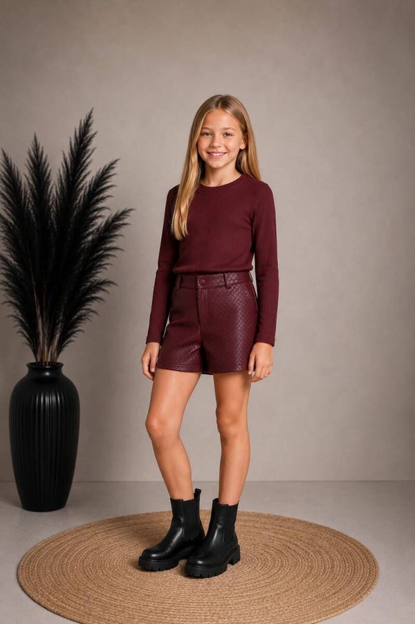 Bordeaux Meisjes Set – Rib Longsleeve & Luxe Short