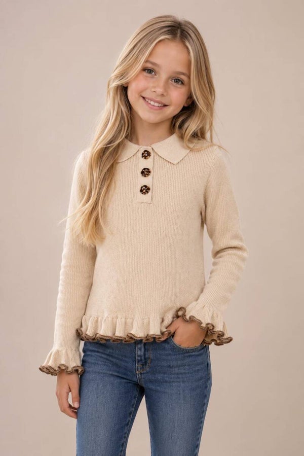 Ribgebreide Polo Top met Gouden Knopen & Ruffle Details – Beige