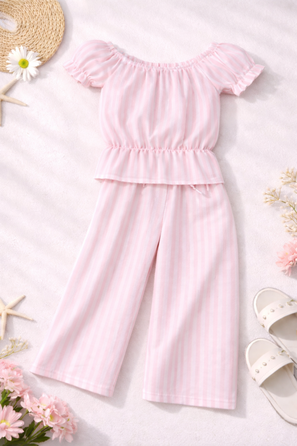 IBIZA streep set met gesmokte top en wijde broek