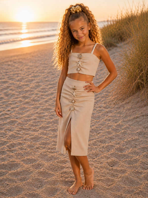 Beige Meisjes Set met Zeesterren en Schelpdetails | Top en Rok