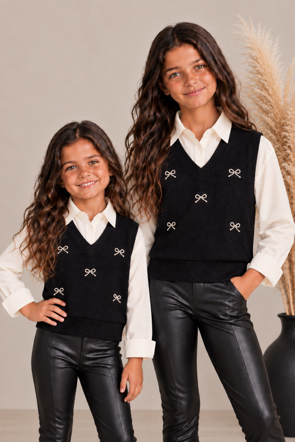 Meisjes trui met spencer look en strikjes zwart/wit