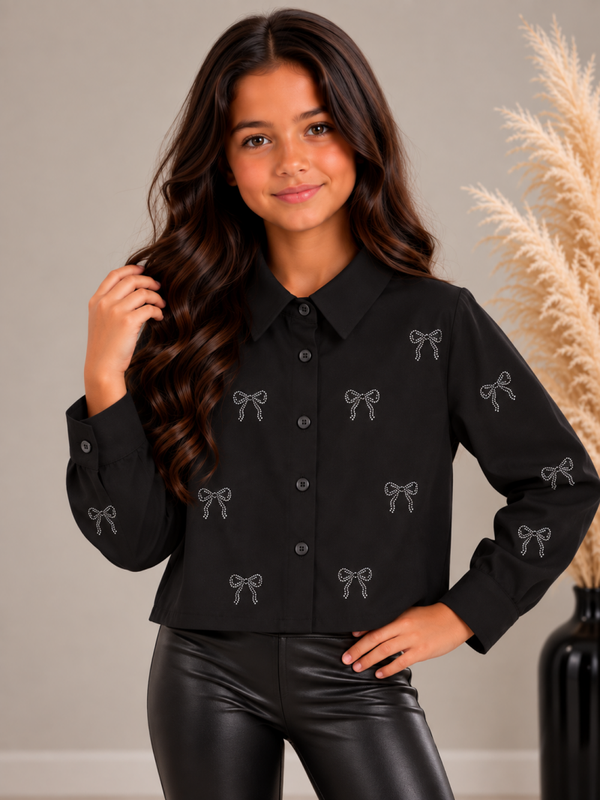 Meisjes blouse met strass strikjes zwart