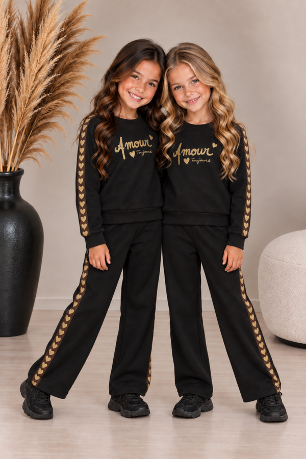 Meisjes set zwart Amour – trui en broek met gouden hartjes