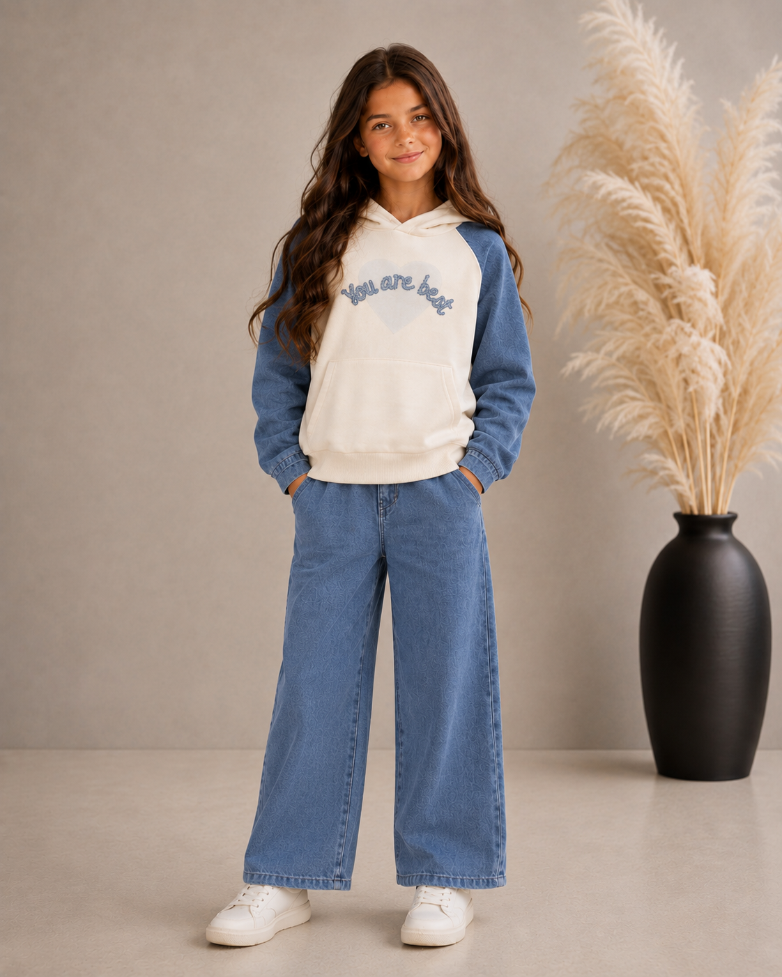 Meisjes set hoodie met tekst en denim broek