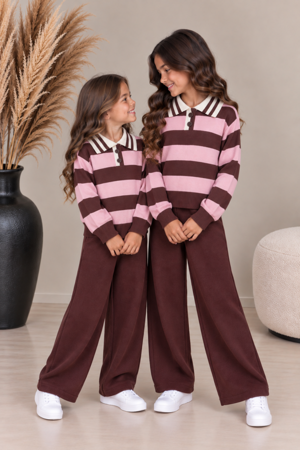 Meisjes set met gestreepte polo & effen broek – Rose/Pink