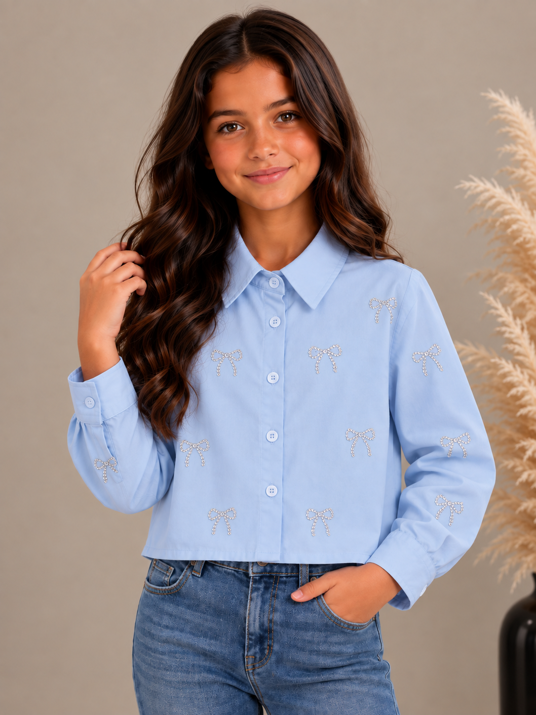 Meisjes blouse met strass en strikjes lichtblauw