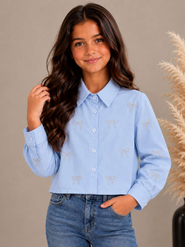 Meisjes blouse met strass en strikjes lichtblauw