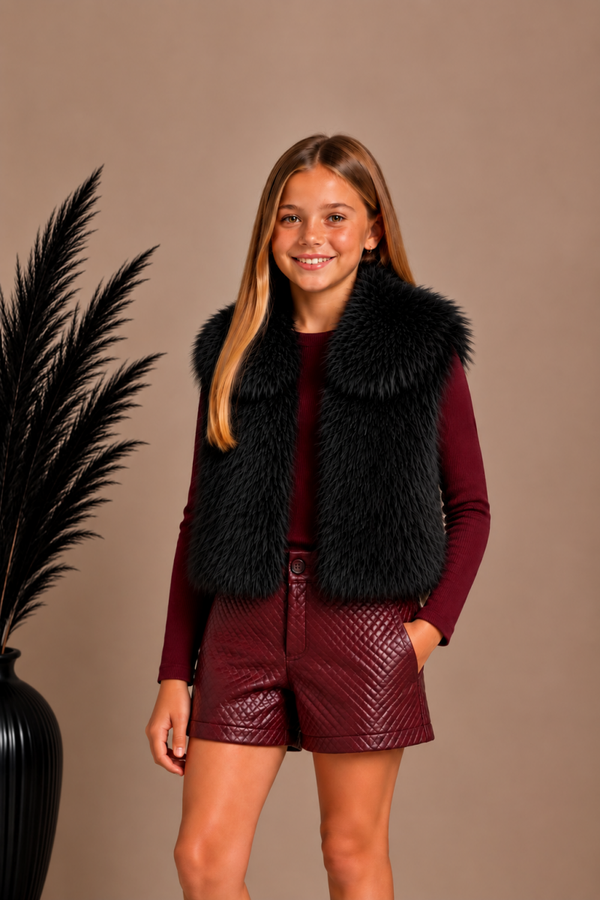 Zwarte Meisjes Faux Fur Bodywarmer – Luxe Teddy Gilet met Kraag