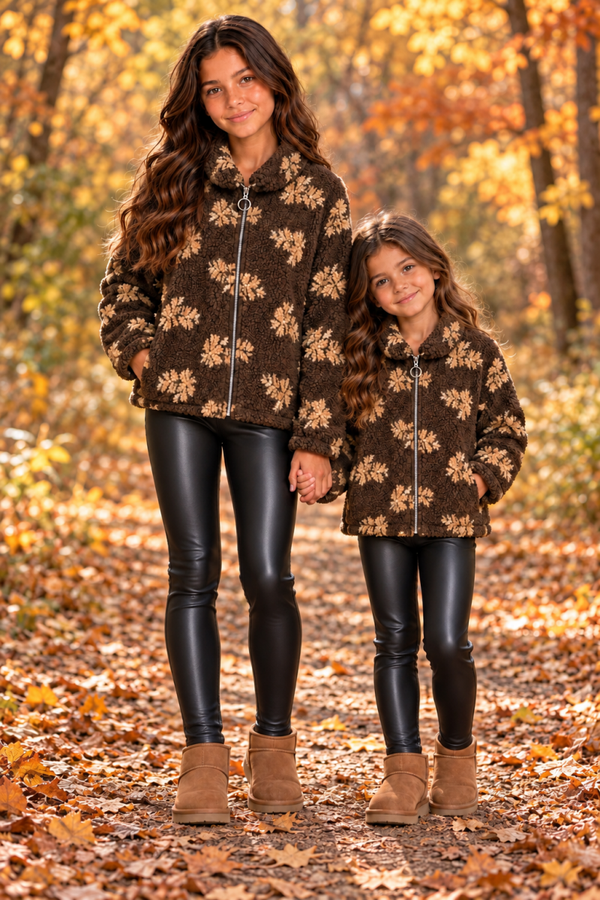 Meisjes teddy vest bruin met bloemenprint