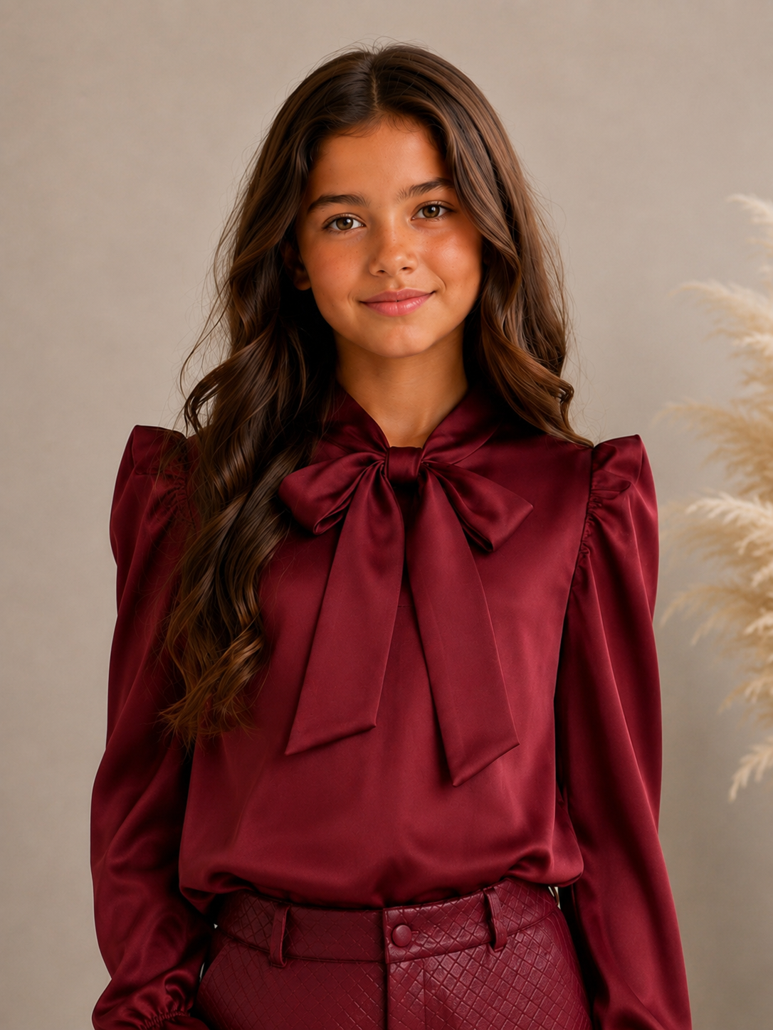 Meisjes Blouse Bordeaux met Strik & Ruches